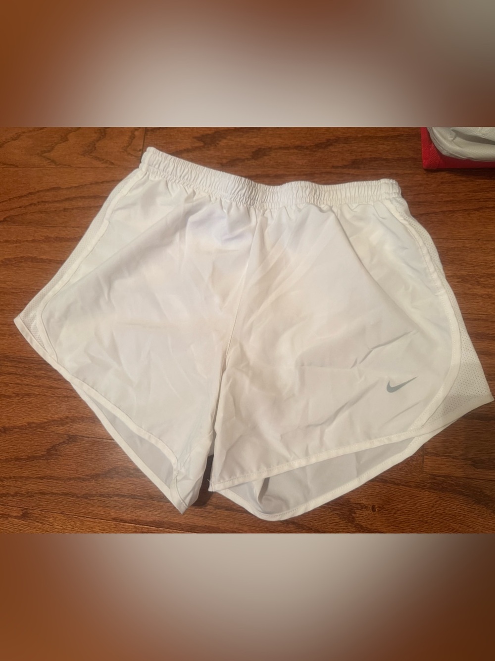 Nike Girls White Athletic Running Shorts with Silver Swoosh